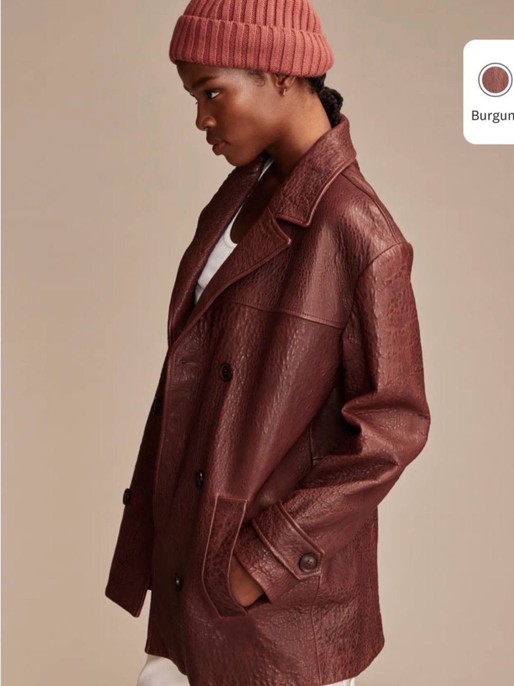 Lucky Brand Burgundy Double-Breasted Leather Peacoat - Picture 5 of 12